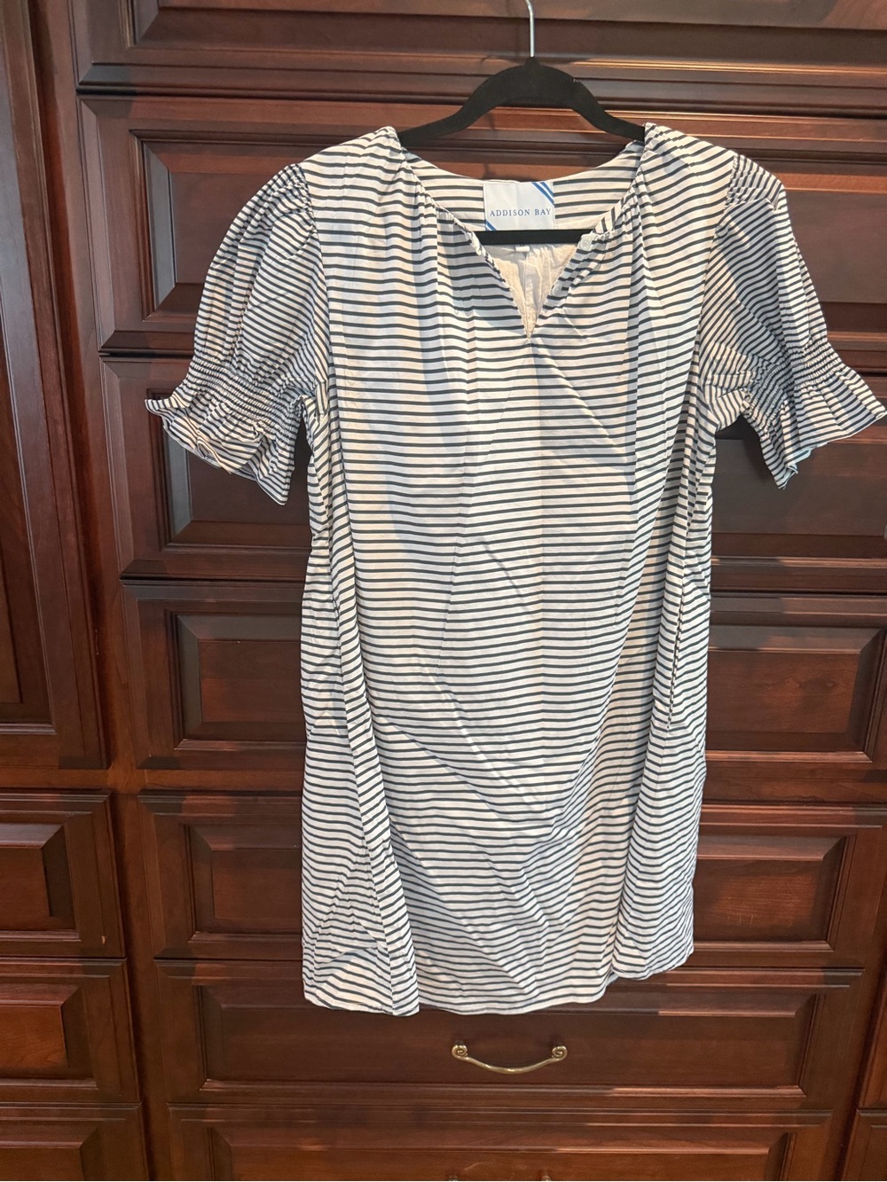 Addison Bay Navy & White Striped Midi Dress with Ruffle Sleeves